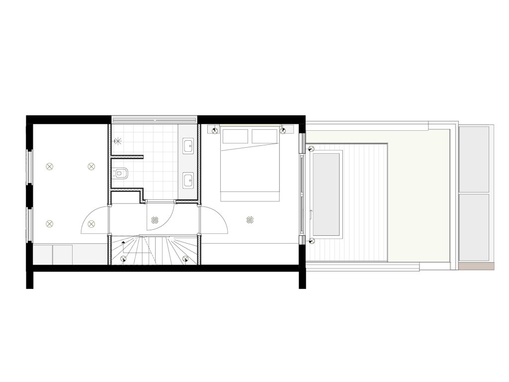 Plattegrond met het ontwerp van de eerste verdieping met master bedroom, badkamer en slaapkamer. 