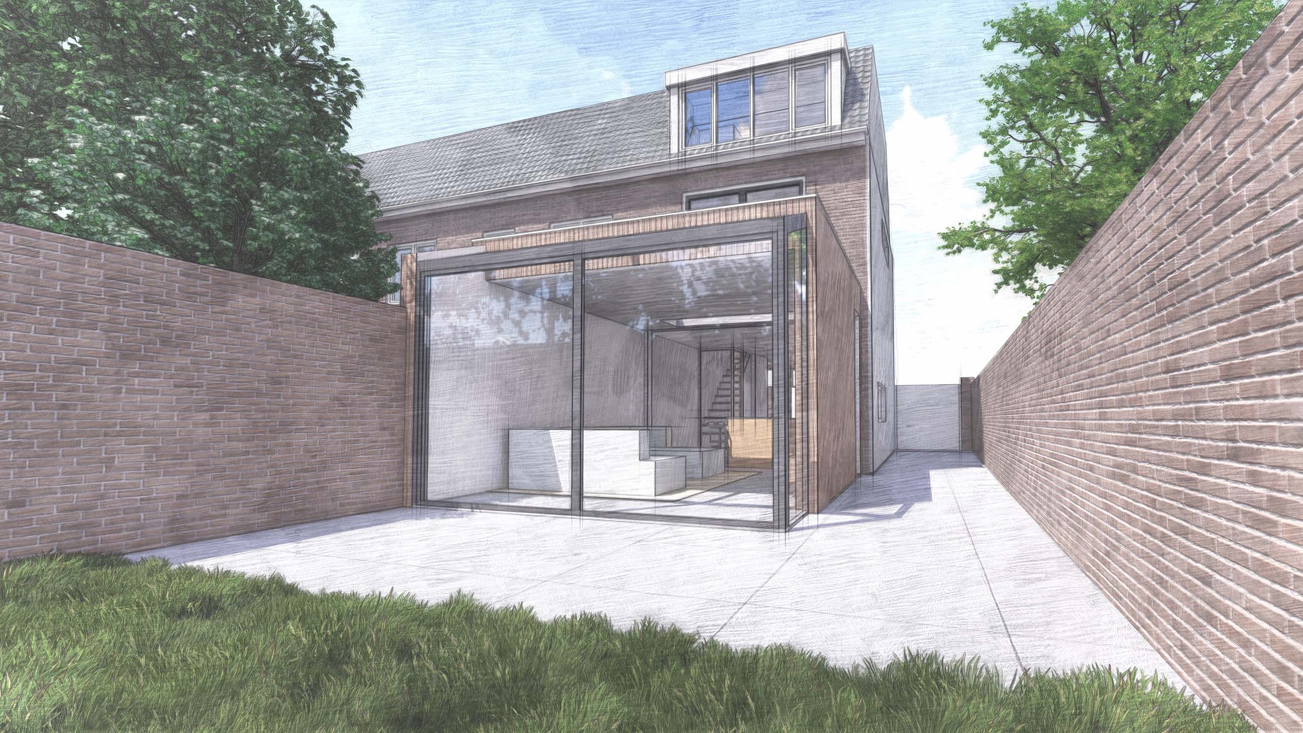 Impressie tekening van het ontwerp van de aanbouw en dakopbouw aan het Soendaplein in Haarlem.