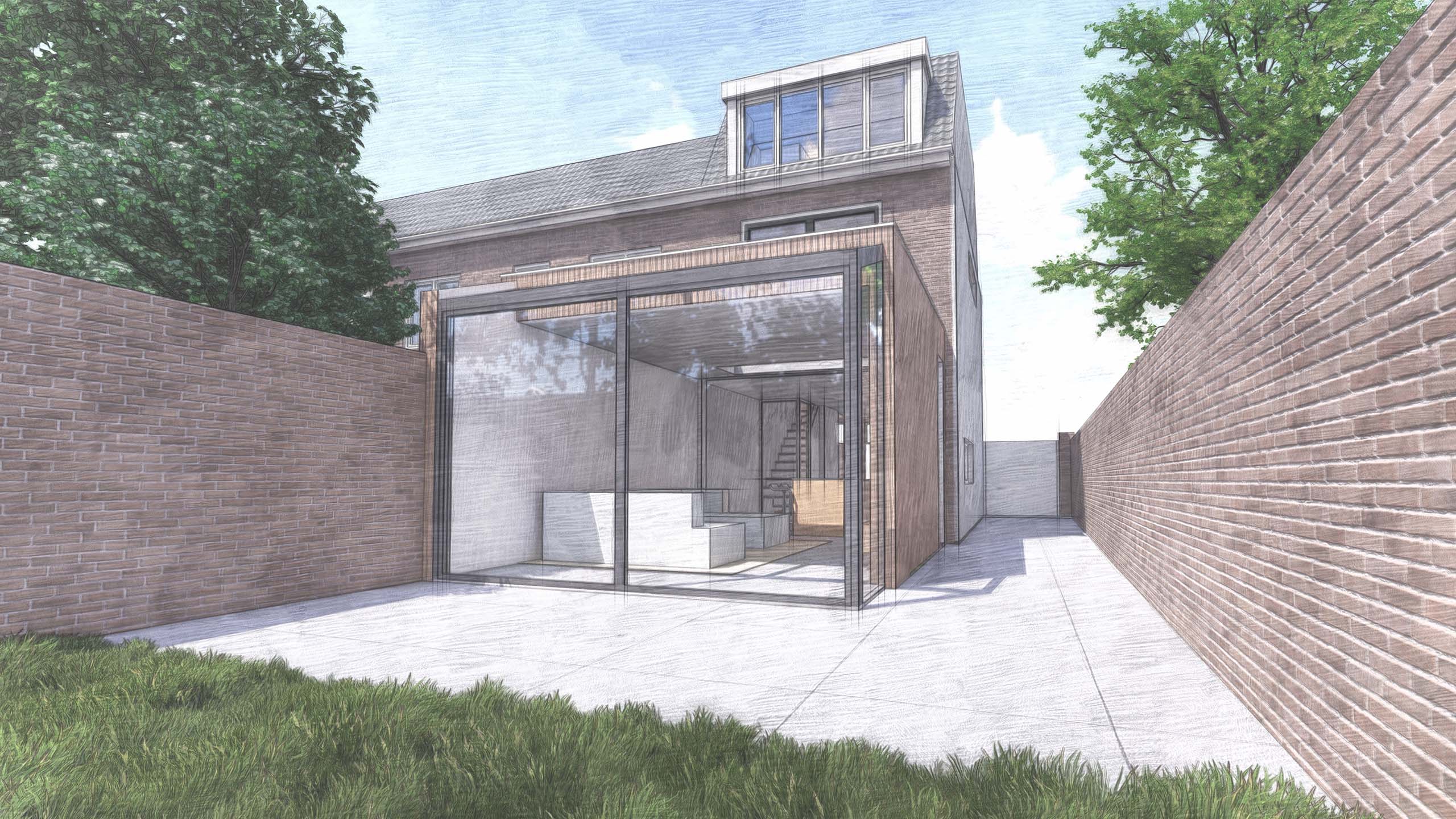 Impressie van de achterzijde van de woning met serre voor veel licht in de woning. 