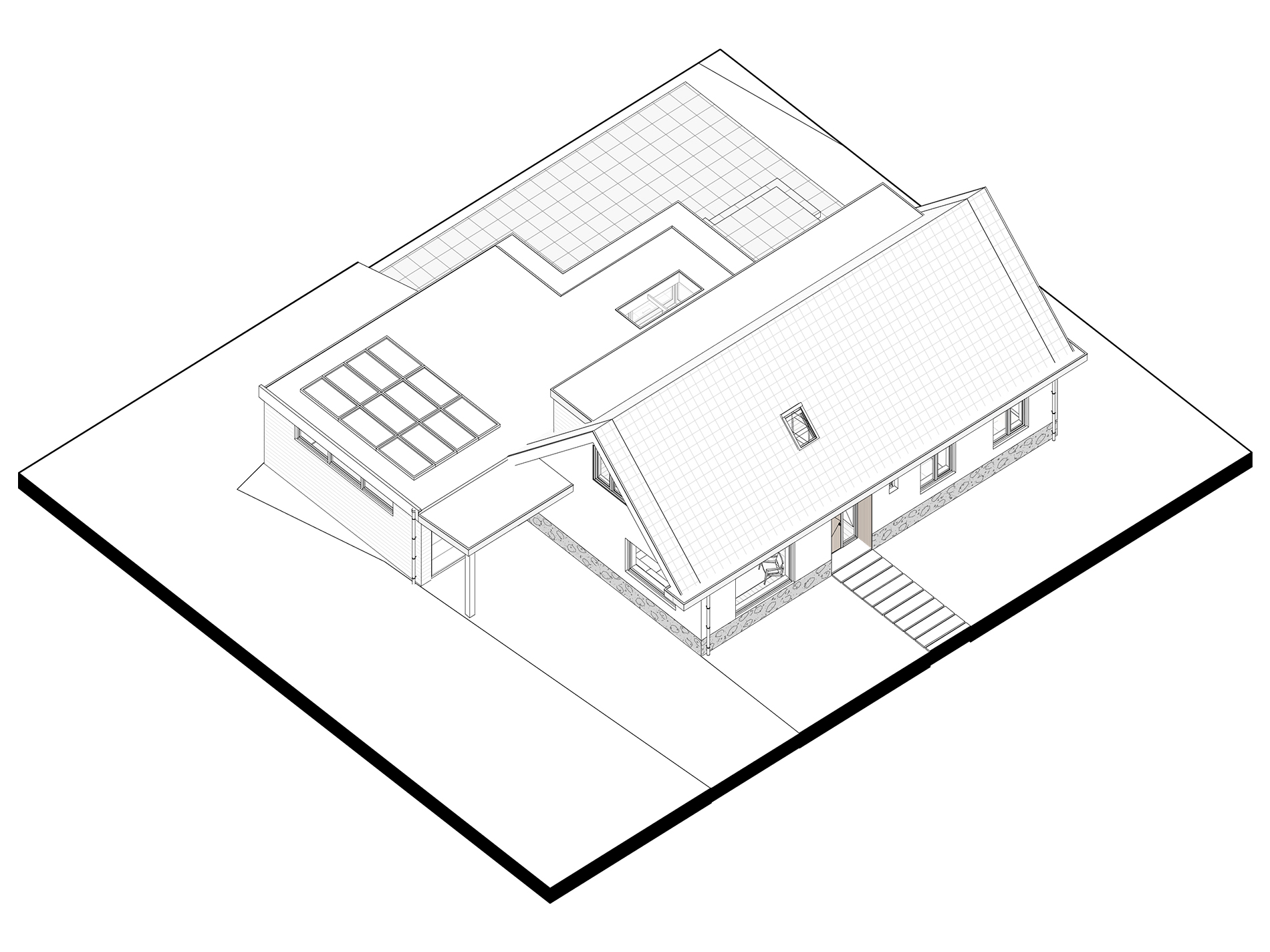 3D overzichtstekening van de voorzijde. 