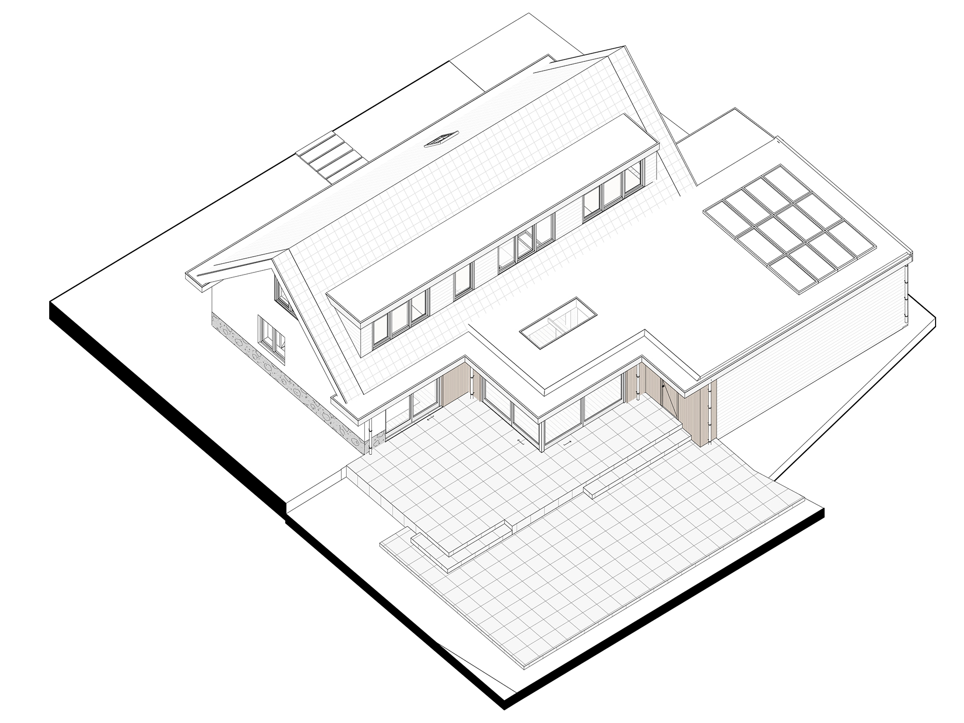 3D overzichtstekening van de achterzijde met aanbouw. 