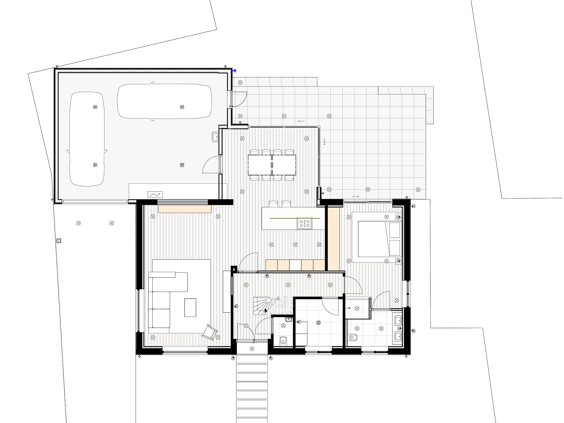 Plattegrond van de nieuwe situatie  met aanbouw en garage en geheel nieuwe indeling van de woning. 
