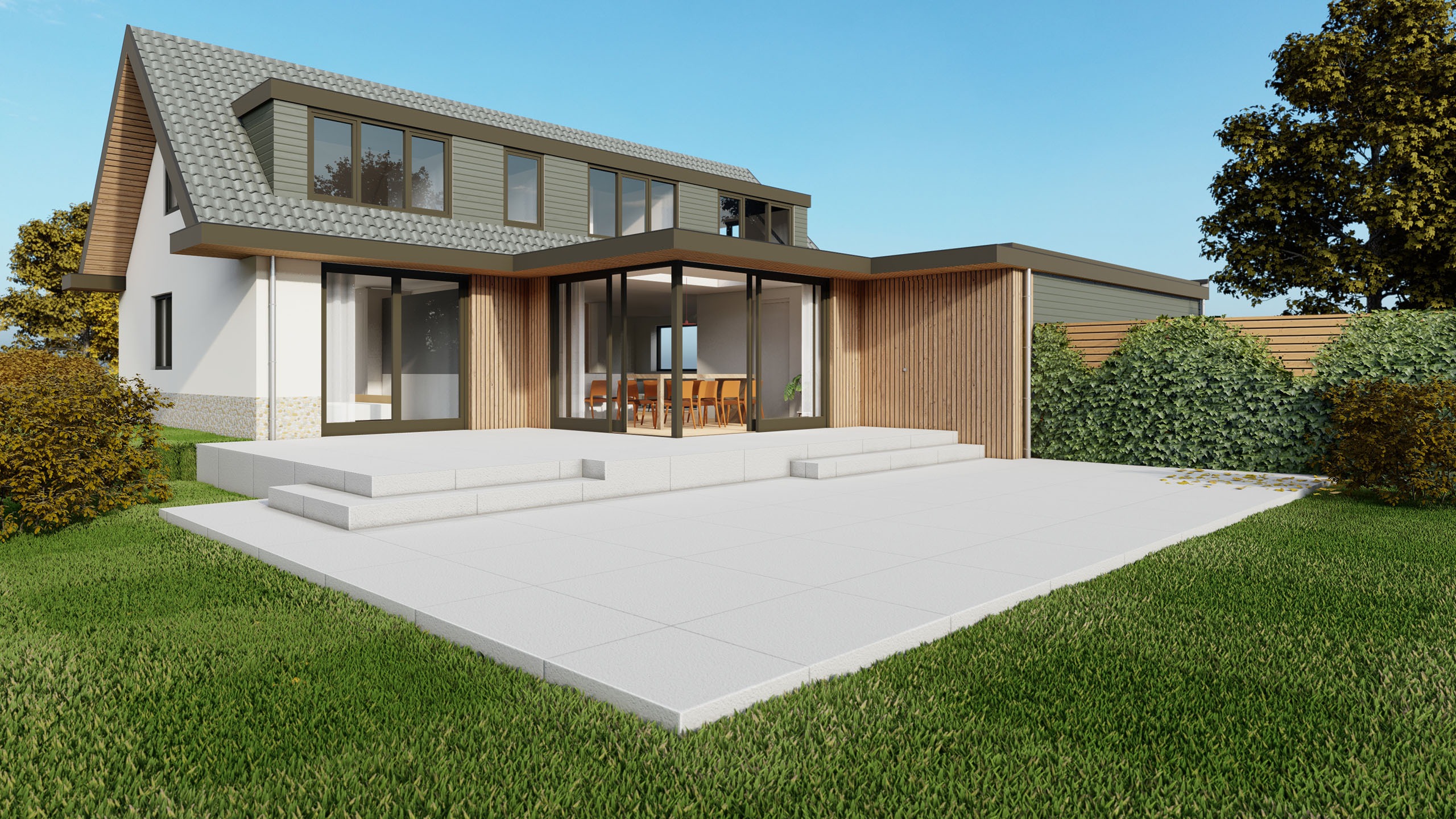 Impressie van het ontwerp met de nieuwe aanbouw met stucwerk, houten gevelbekleding en overstekken.  