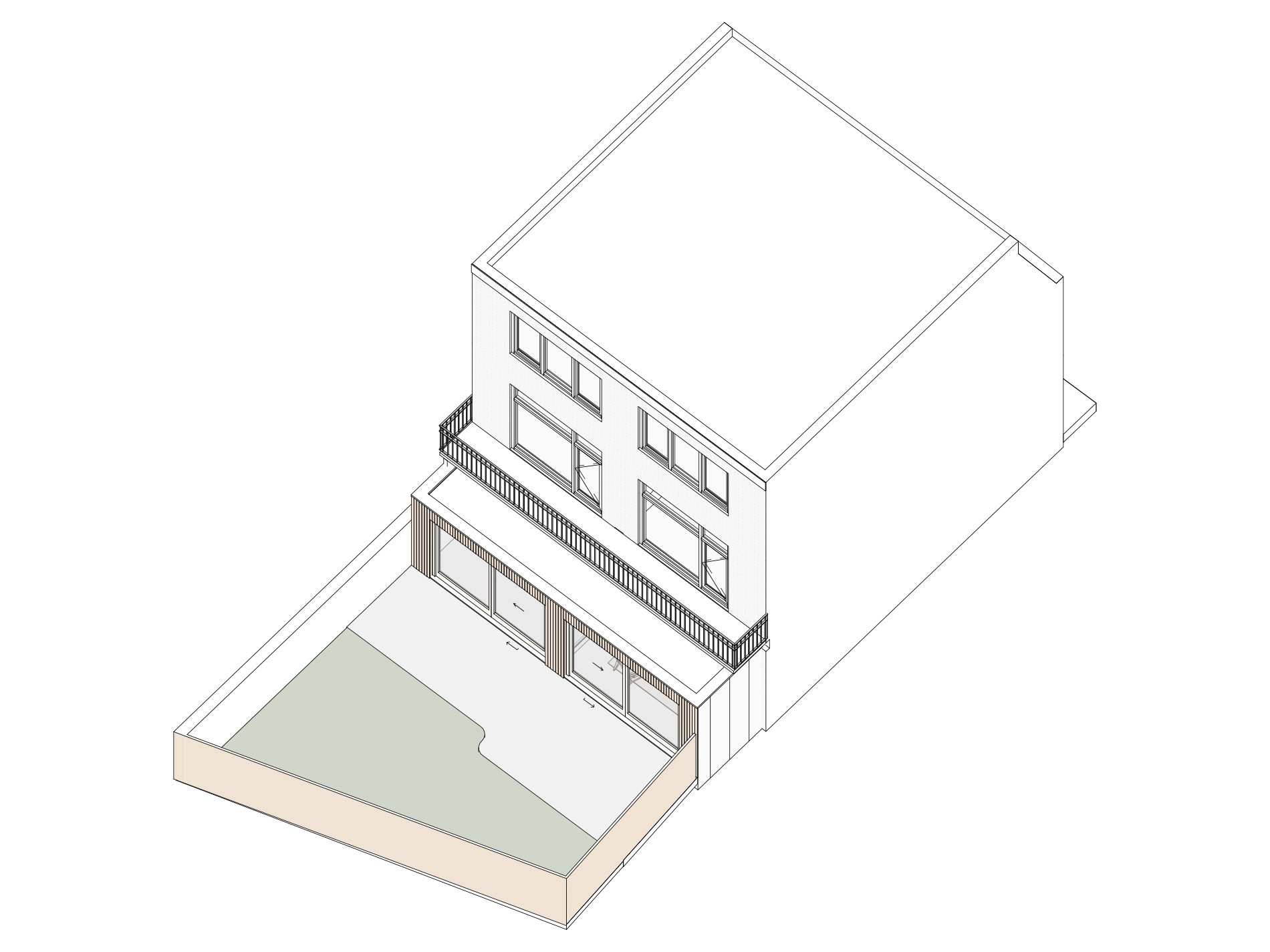 3D tekening van de aanbouw aan de achterzijde van het pand. 
