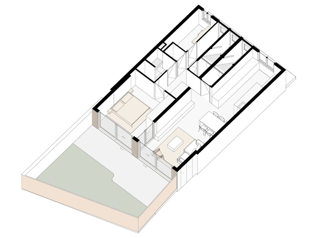 3D plattegrond van de woning met aanbouw in Amsterdam