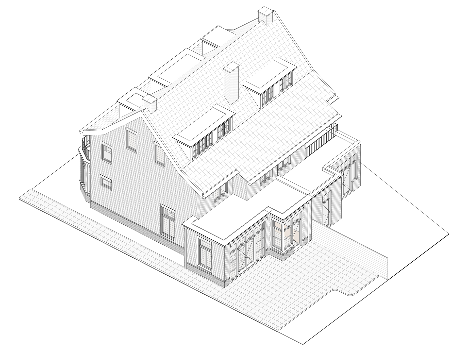 3D overzichtstekening van het woonhuis met aanbouw.,