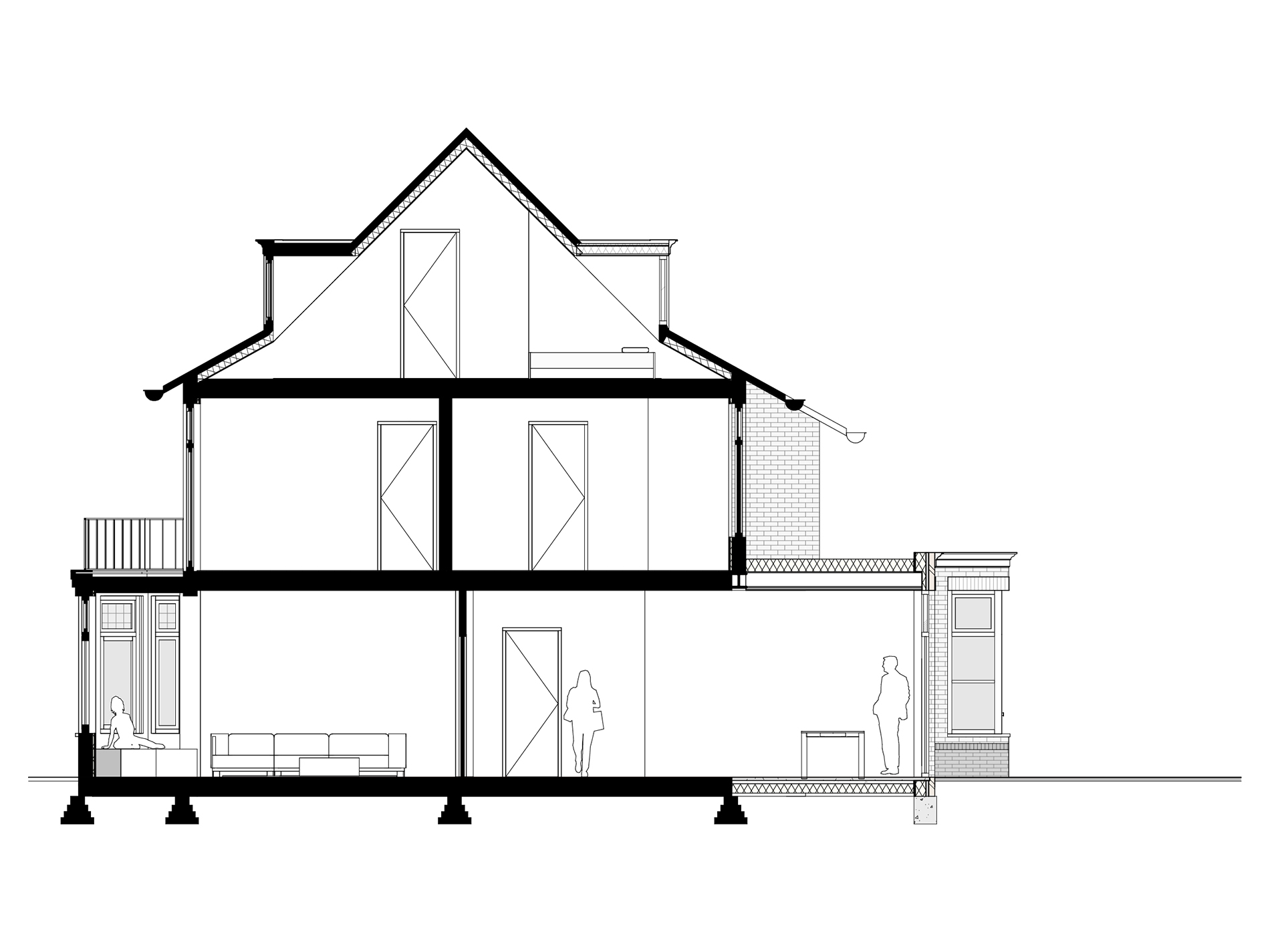 Doorsnede van de woning met aanbouw.