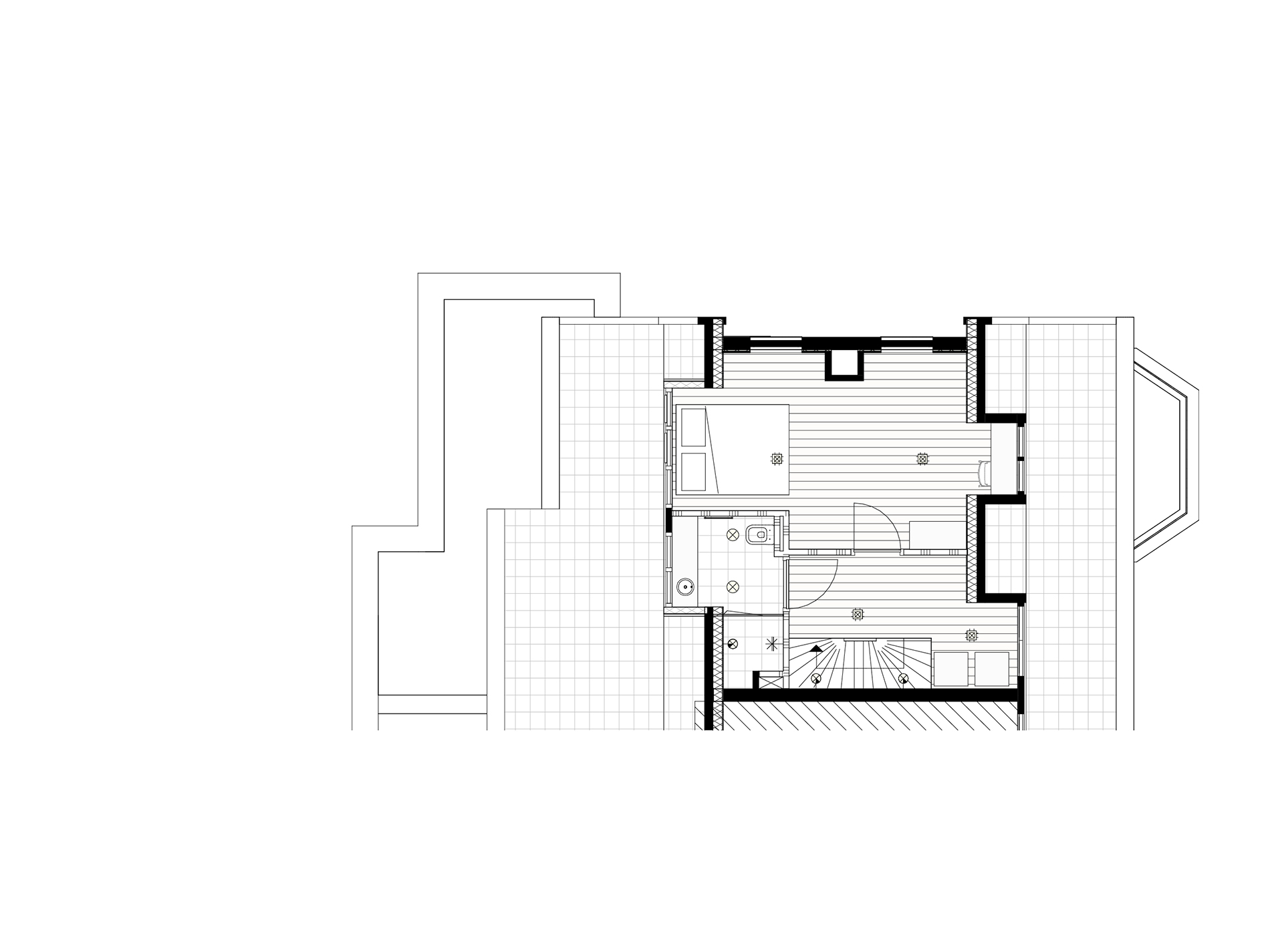 Indelingsplattegrond van de zolderverdieping met  slaapkamer, wasruimte en badkamer. 