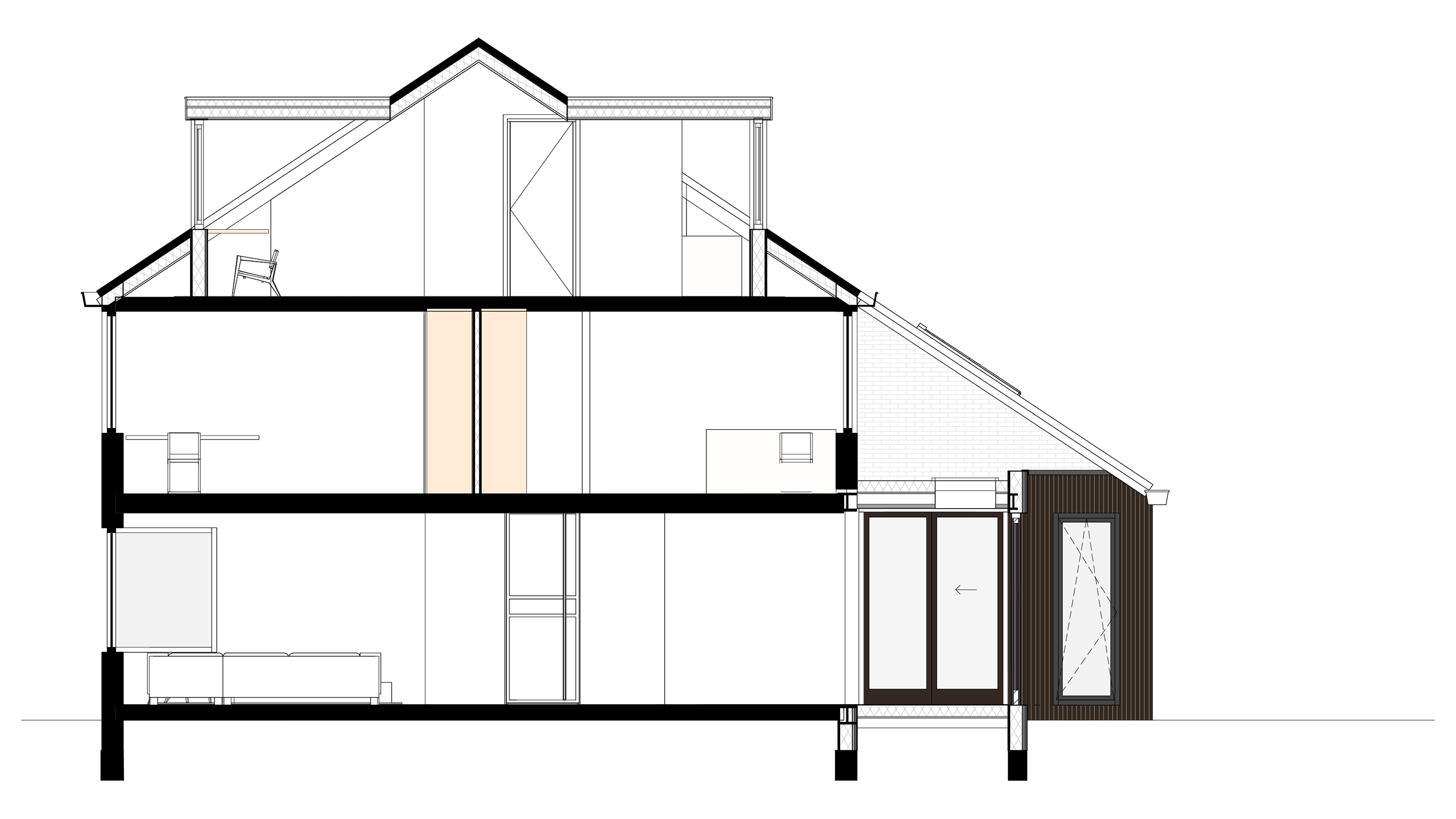 Doorsnede van de woning met moderne aanbouw. 