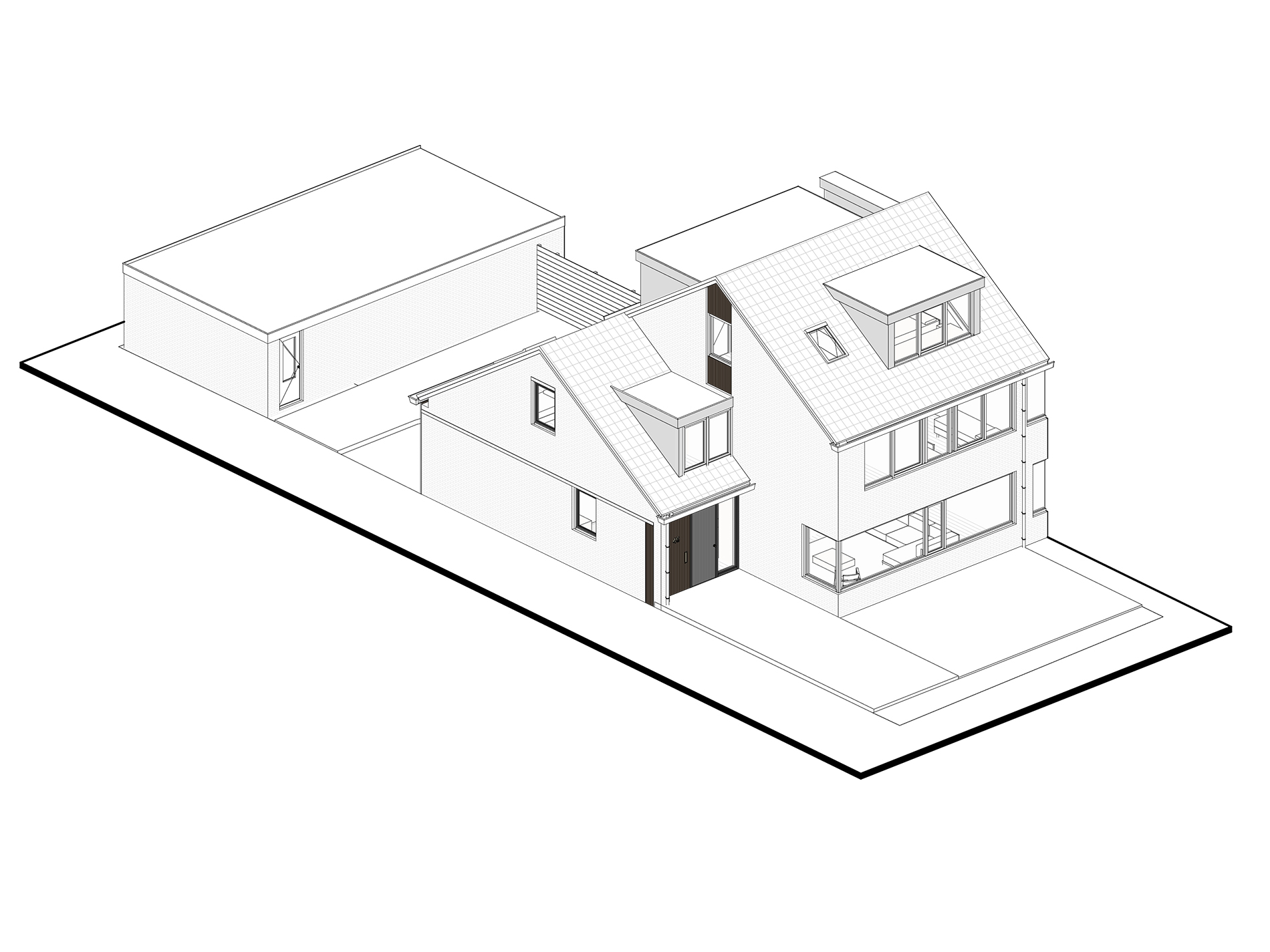 3D overzichtstekening van voorzijde van de woning.