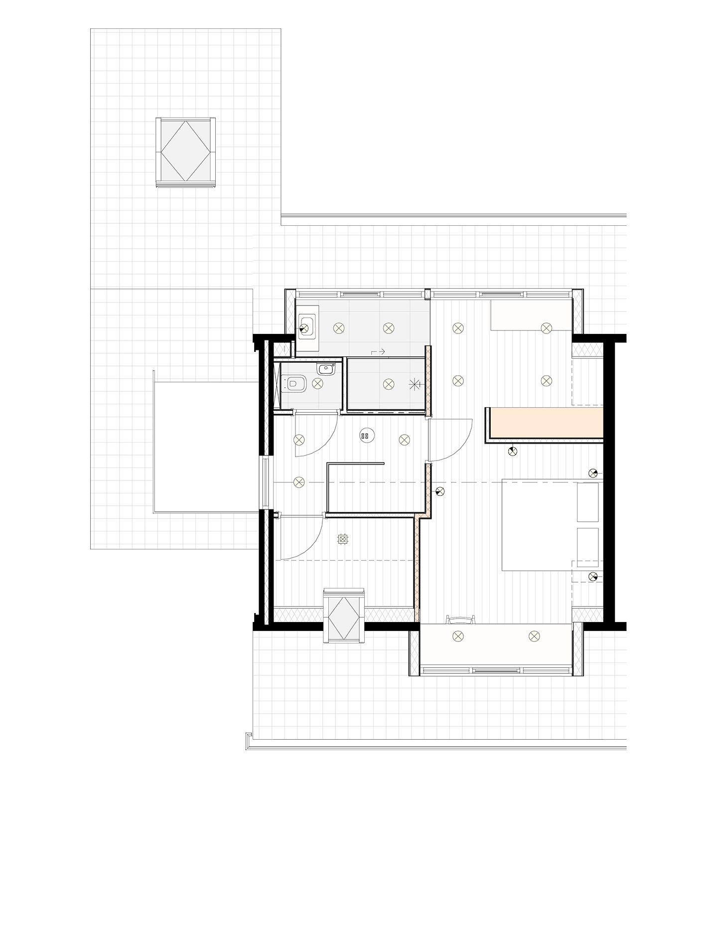 Plattegrond zolderverdieping met master bedroom en ensuite badkamer. 