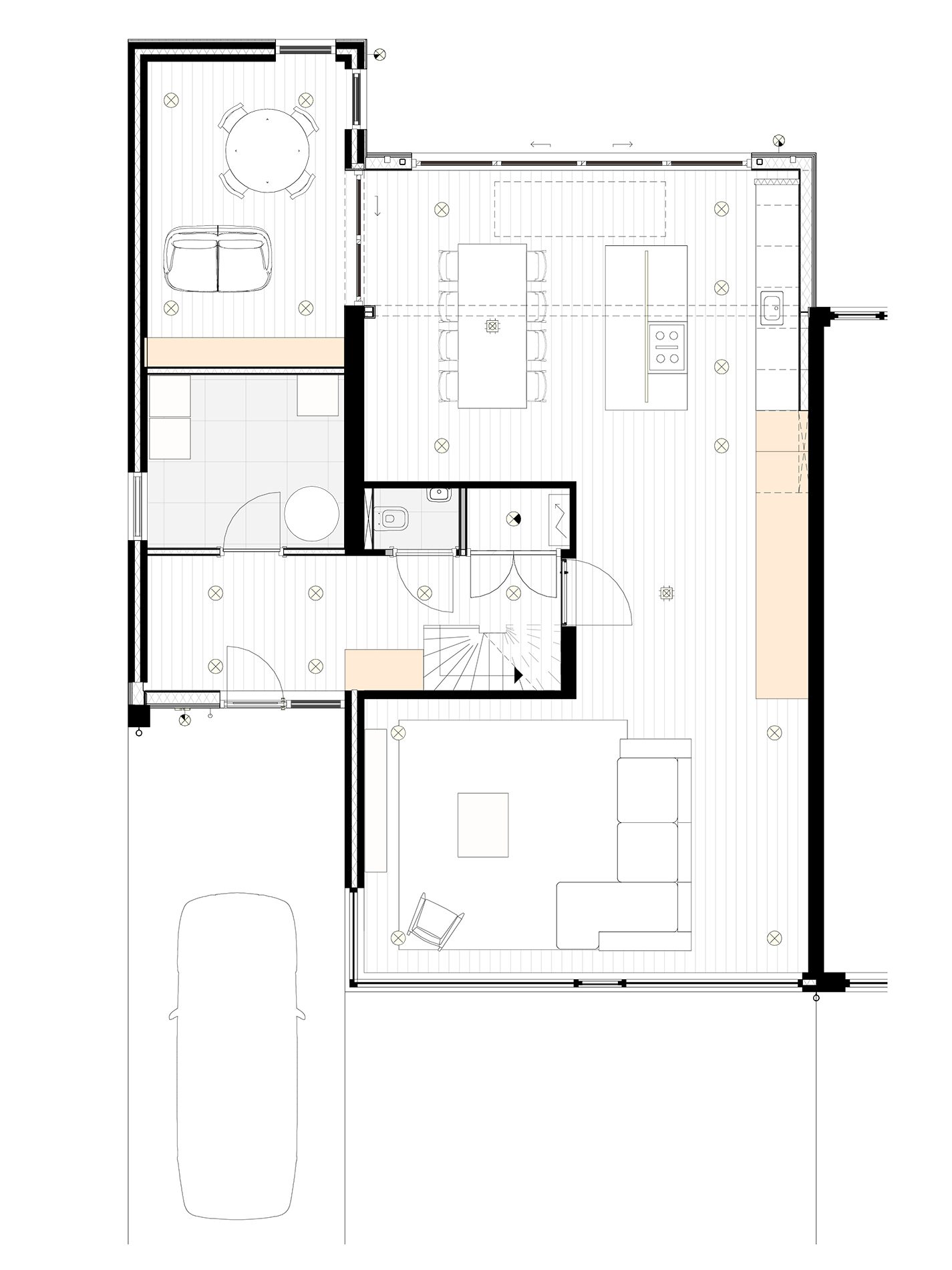Plattegrond van de woning met de uitbouw en een nieuwe indeling. 