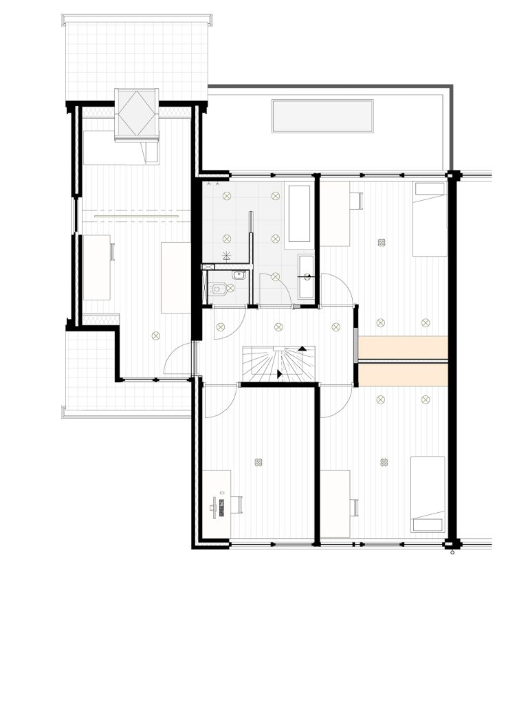 Plattegrond van de eerste verdieping met kinderkamers, badkamer en een werkkamer. 