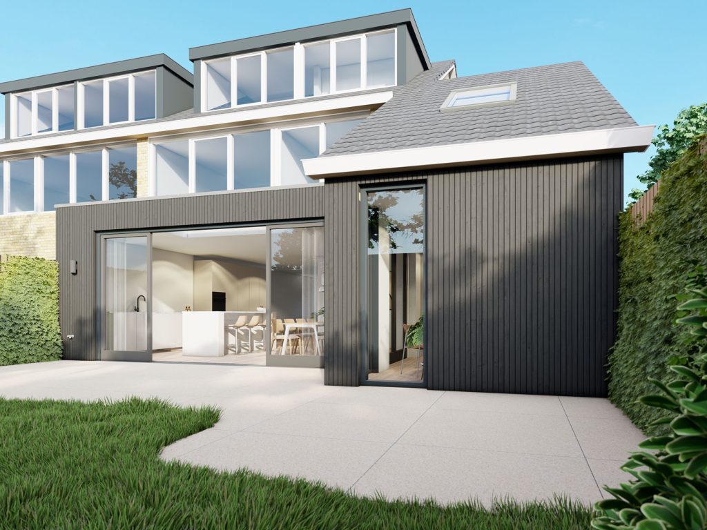 Foto nieuwe situatie met de zwarte uitbouw met veel glas. 