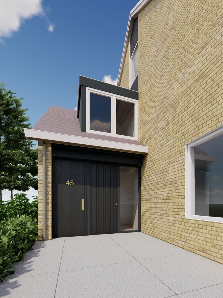 Impressie van de nieuwe situatie met uitbouw aan de voorzijde van de woning. 